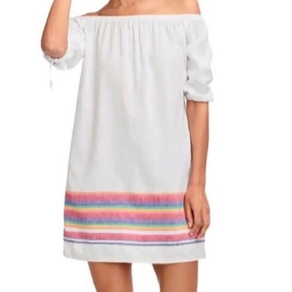 J Crew dress linen blend white rainbow stripe mini dress off shoulder.